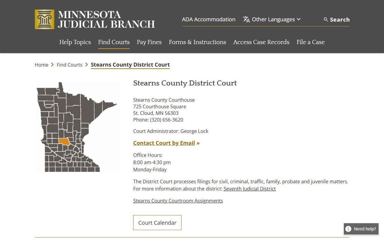 Stearns County District Court page for St. Cloud divorce records