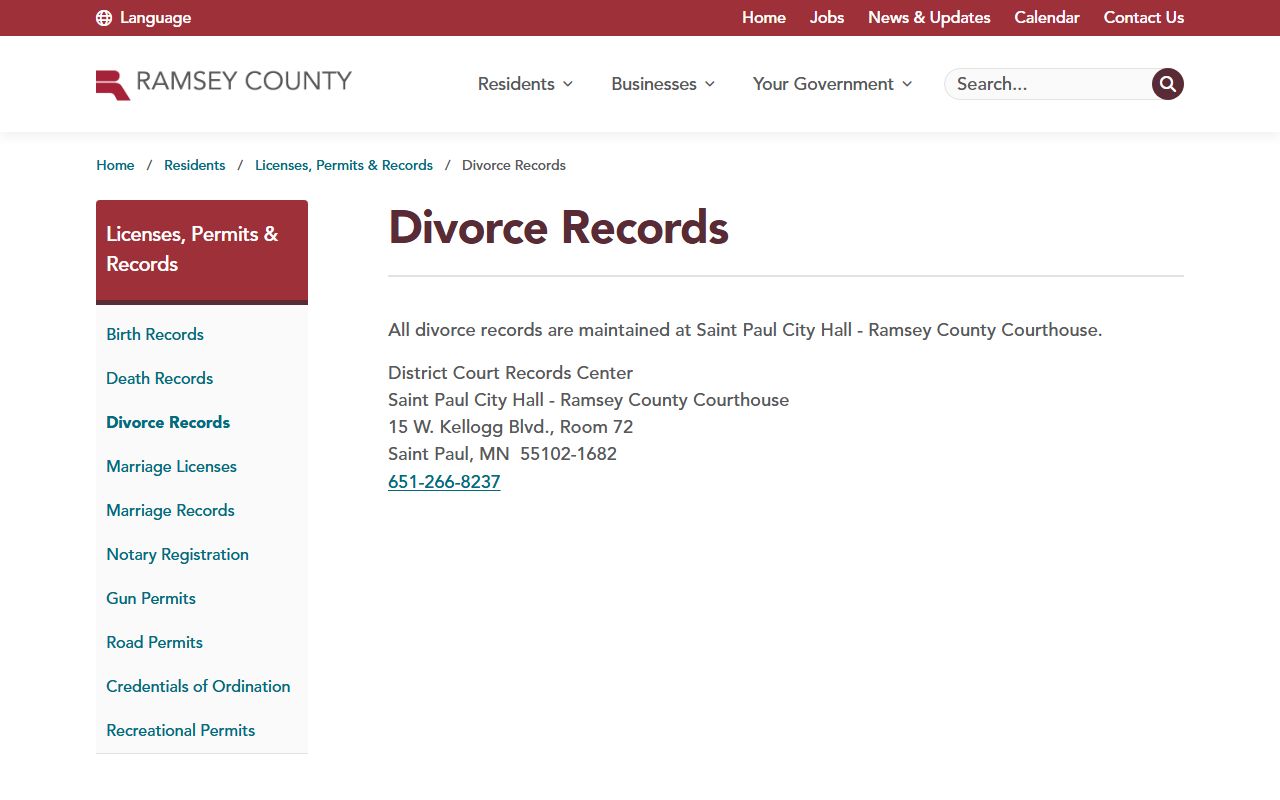 Ramsey County divorce records page for St. Paul