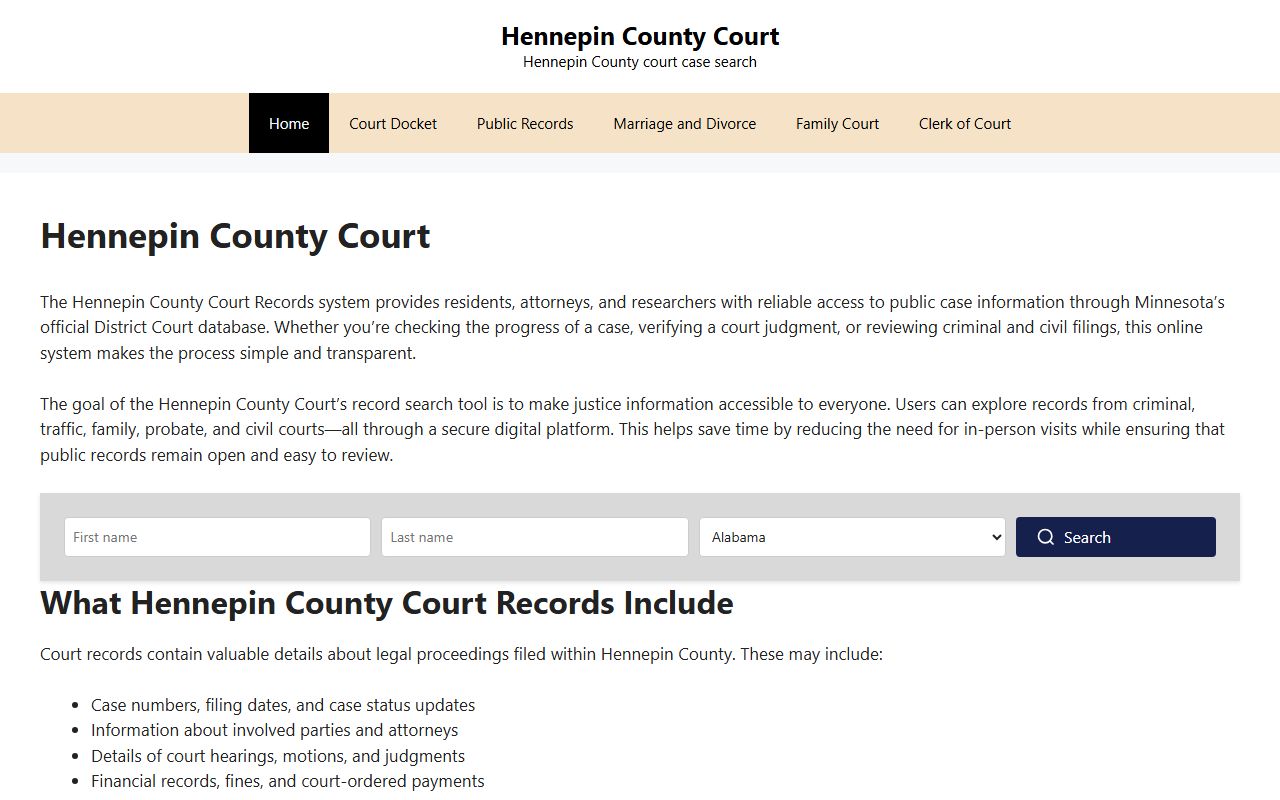 Hennepin County Courts website for divorce records information