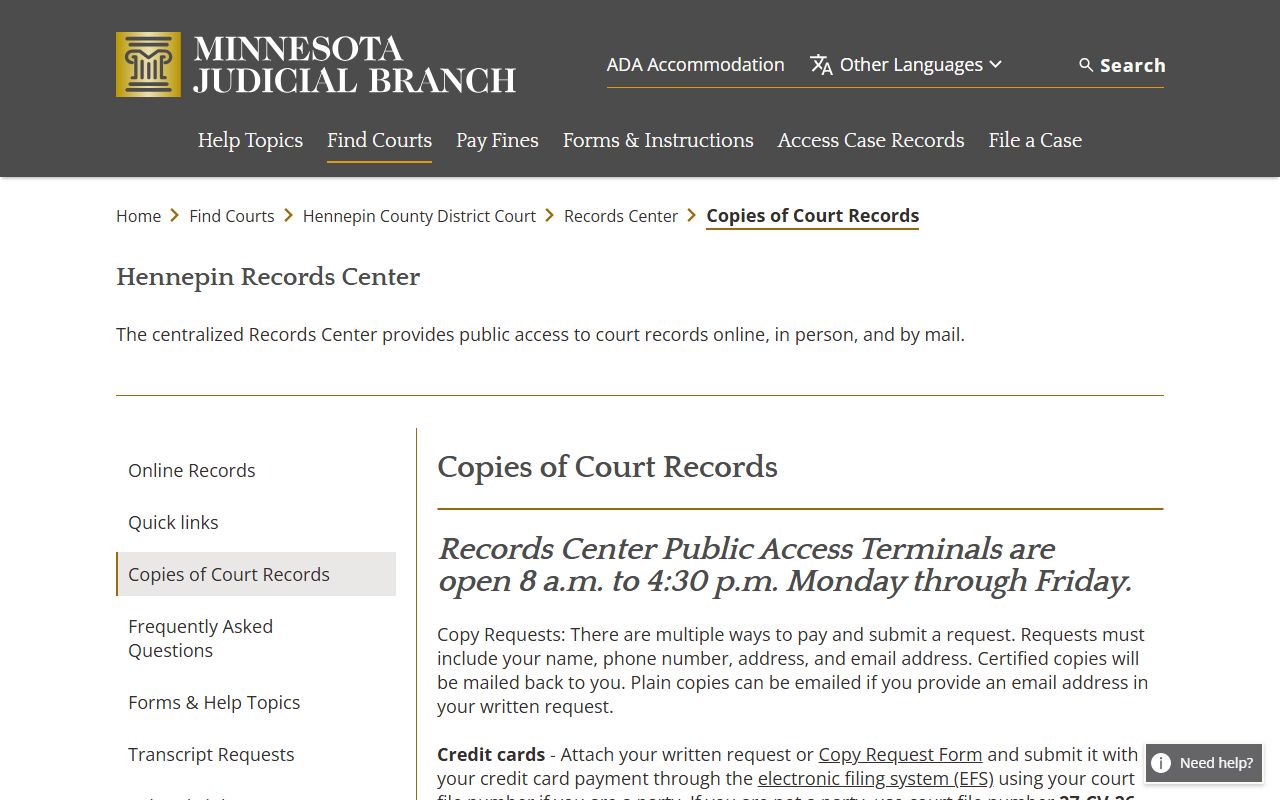 Hennepin County Records Center copy request information for divorce records