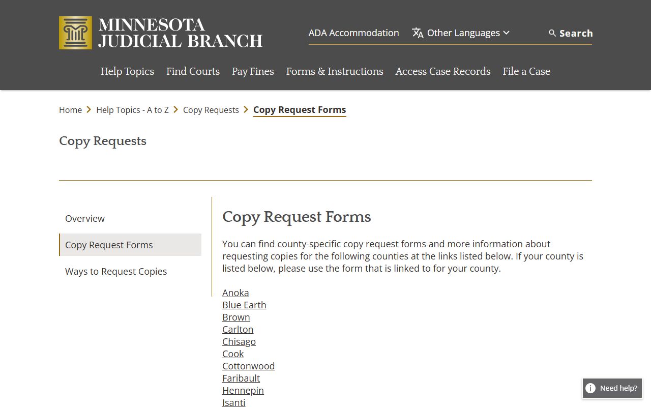 Washington County copy request form for divorce records