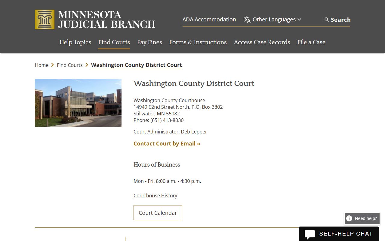 Washington County court page for divorce records