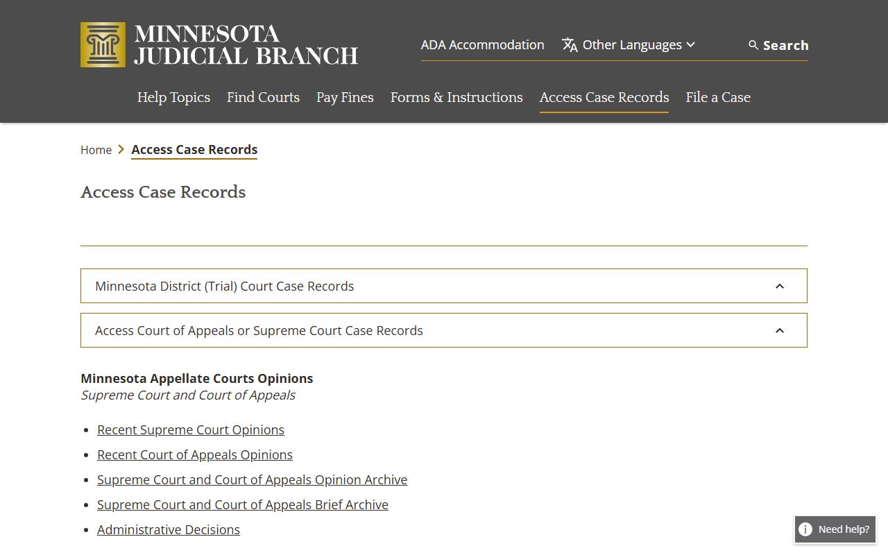 Minnesota divorce records access case records page