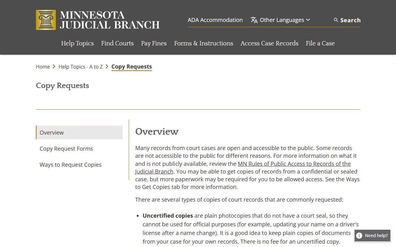 Minnesota divorce records copy request information