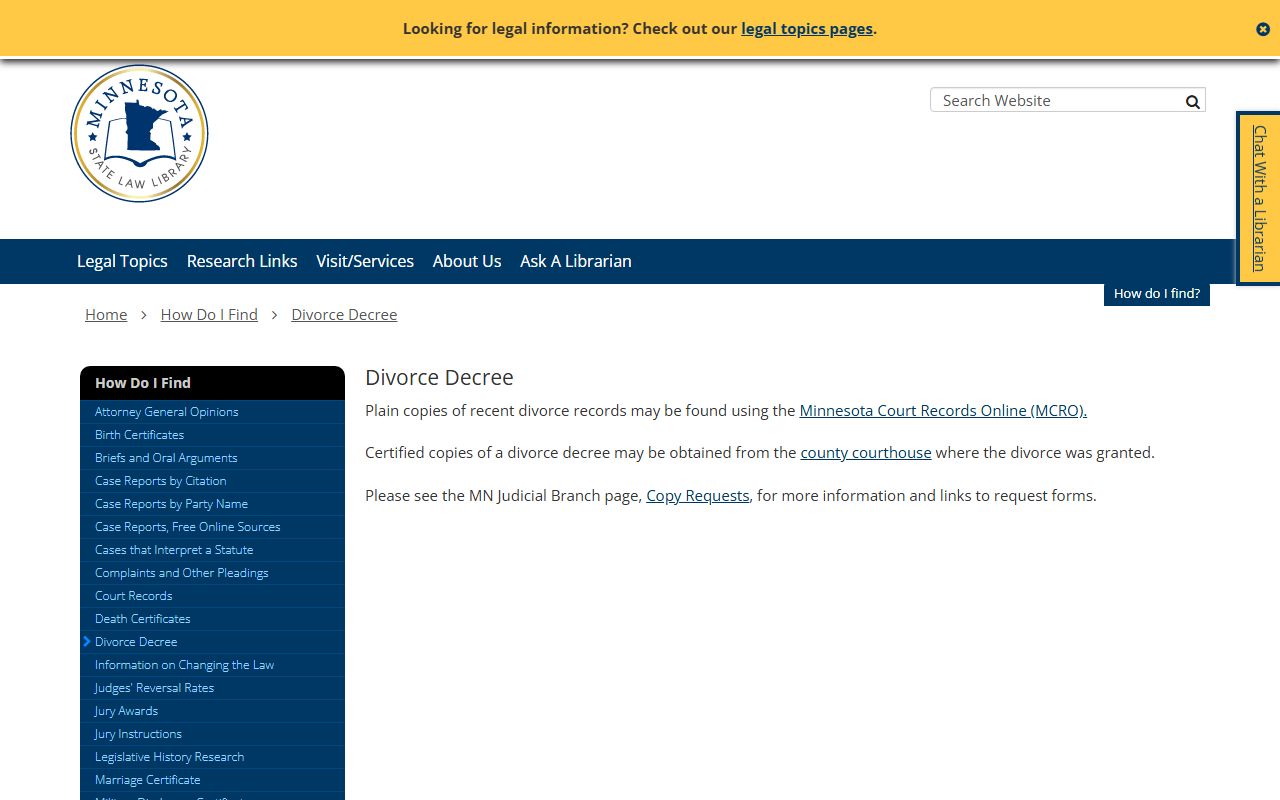 Minnesota divorce records state law library decree information