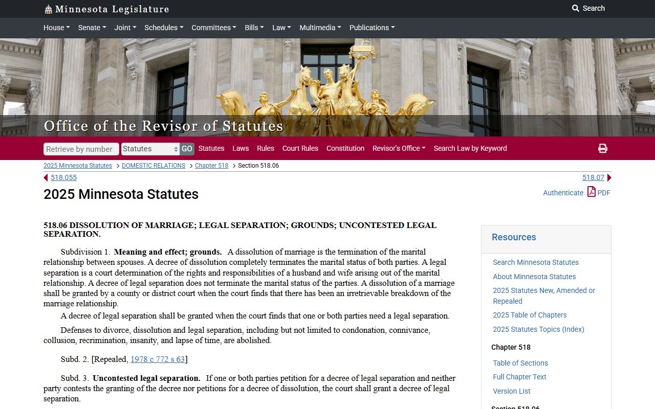 Minnesota divorce records statute 518.06 dissolution grounds