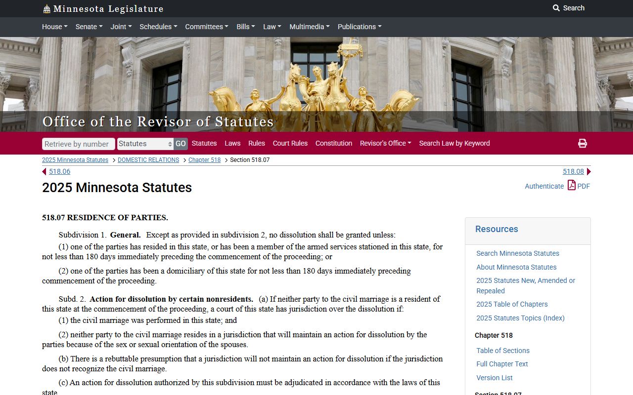 Minnesota divorce records statute 518.07 residency requirements