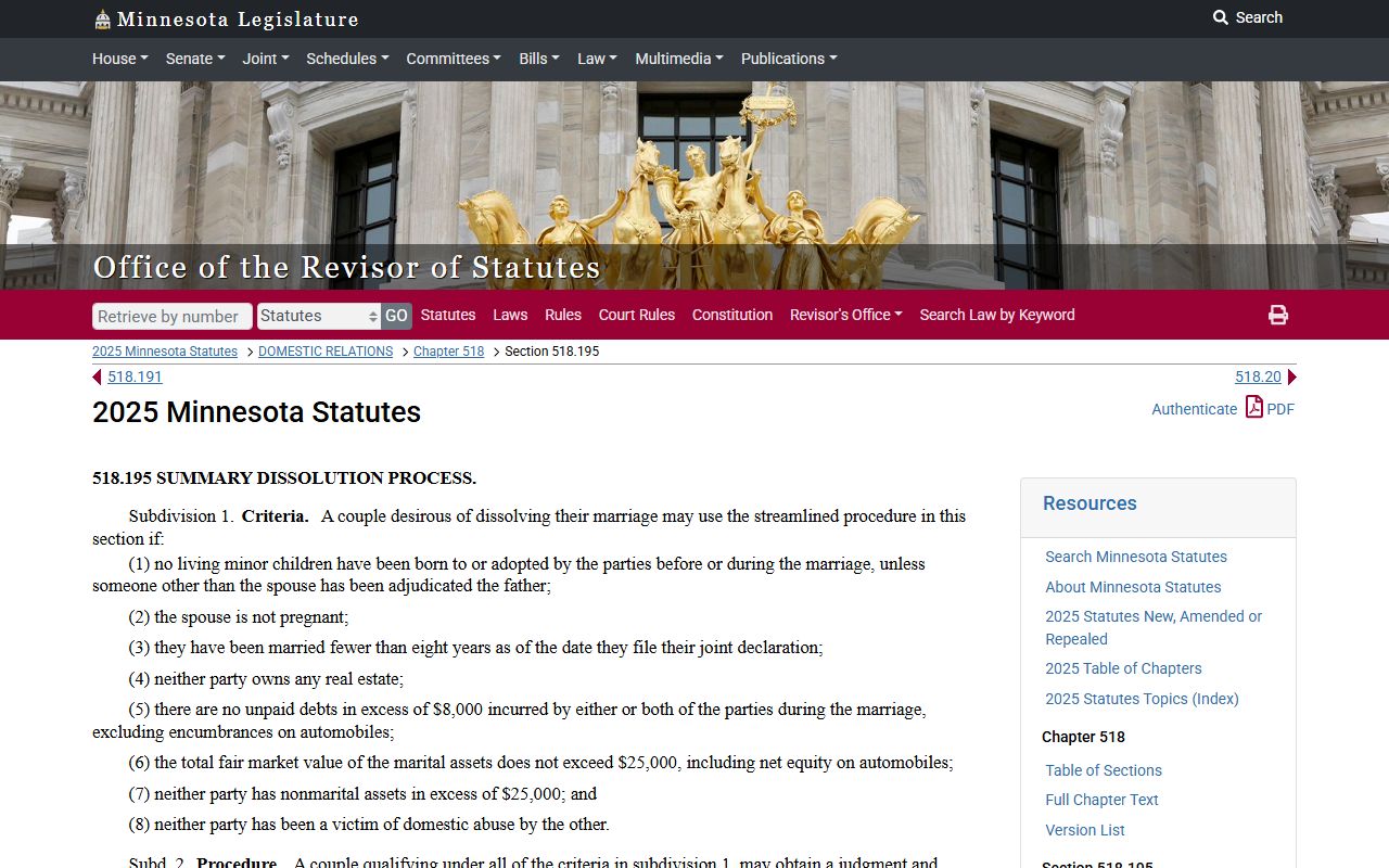 Minnesota divorce records statute 518.195 summary dissolution