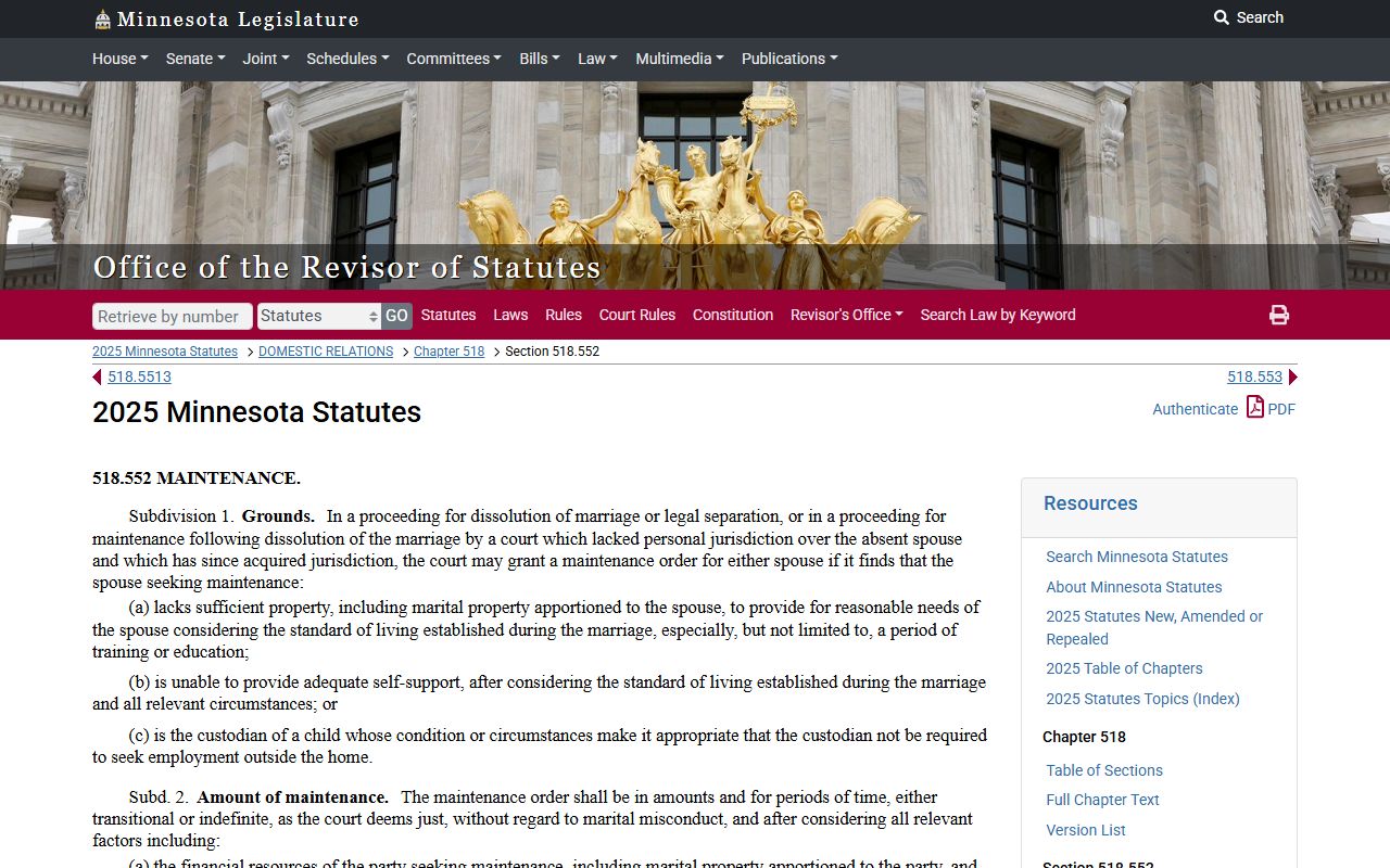 Minnesota divorce records statute 518.552 spousal maintenance