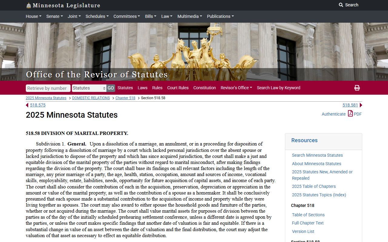 Minnesota divorce records statute 518.58 property division